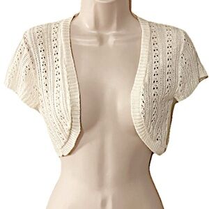 Say What Cropped Short Sleeve Cardigan Open Knit Off White Juniors Small Cotton